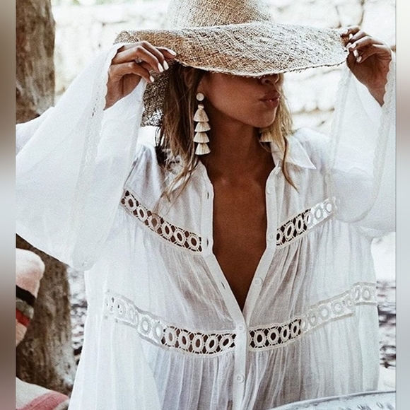 New Flowy Tunic Button Up Cover Up Top Dress White - Picture 2 of 13